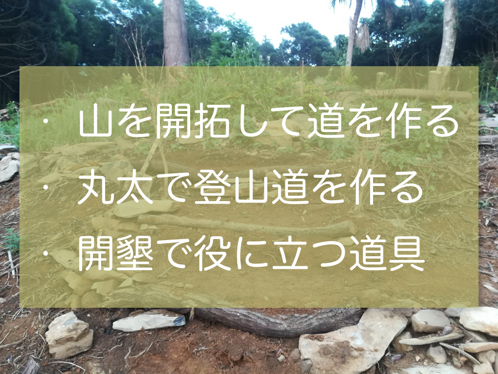 荒れた山を開拓して 丸太で登山道を作る 竹 葛の根を掘り起こして耕作地を拡げる 開拓地の現況